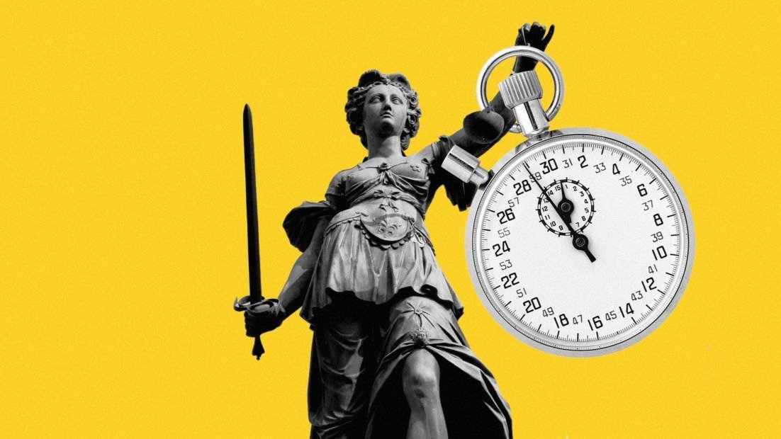 A yellow illustration of a statue holding a stopwatch