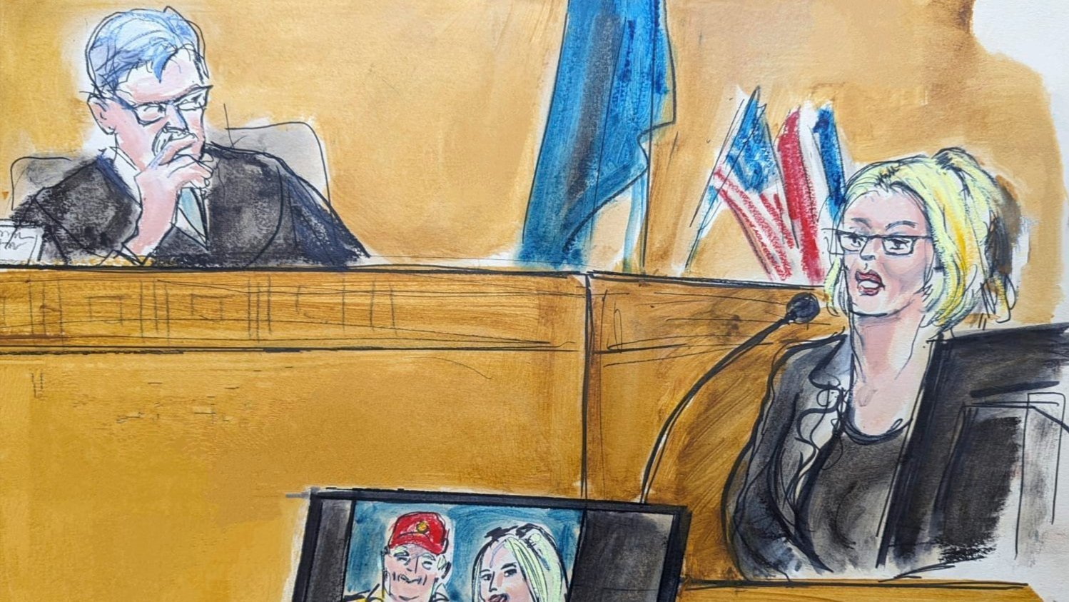 A courtroom sketch of Daniels
