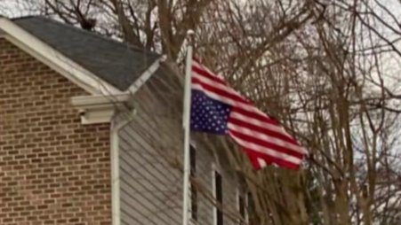 An upside-down American flag.