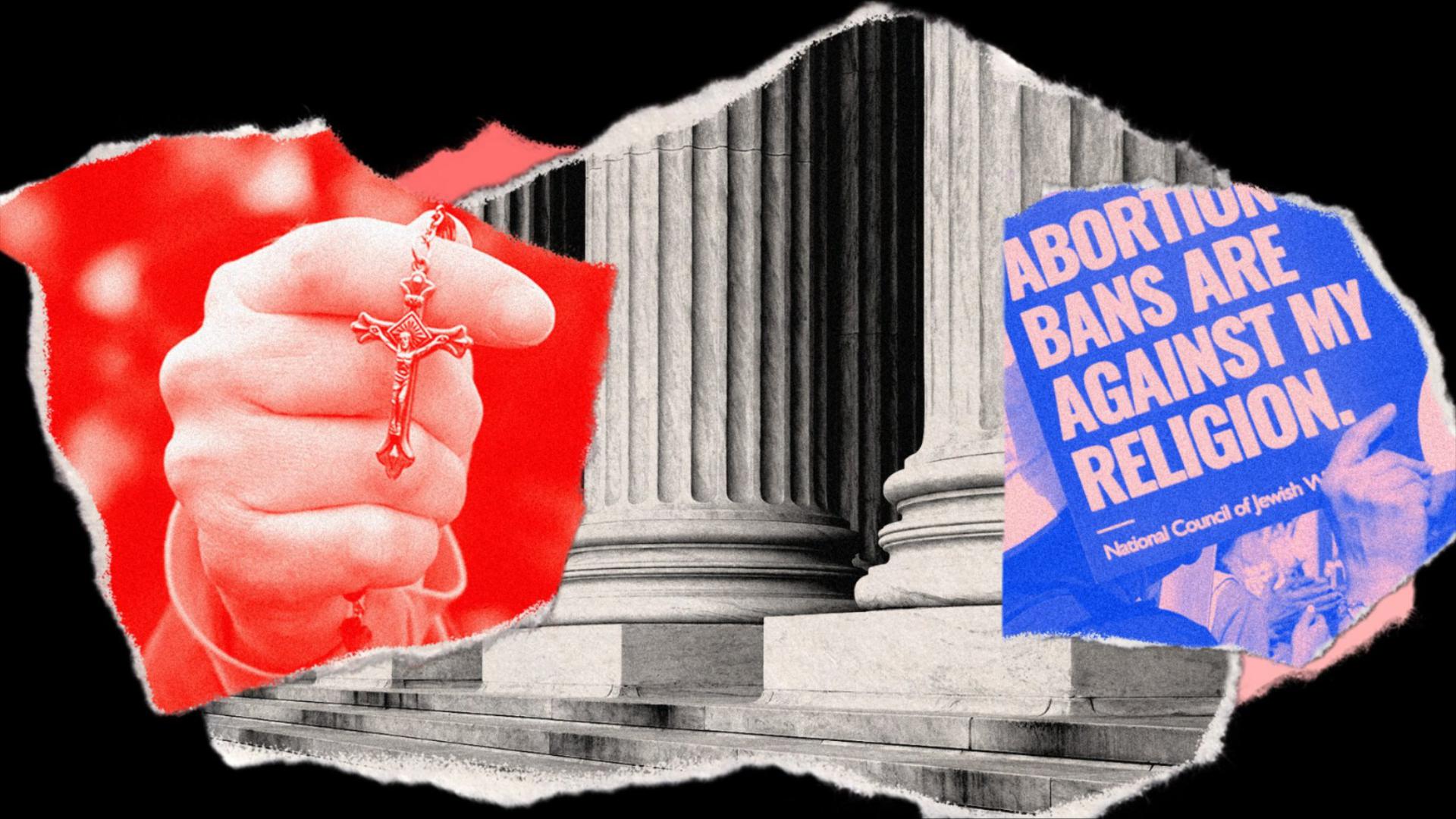 A graphic of the Supreme Court columns, an abortion ban protest sign and a cross
