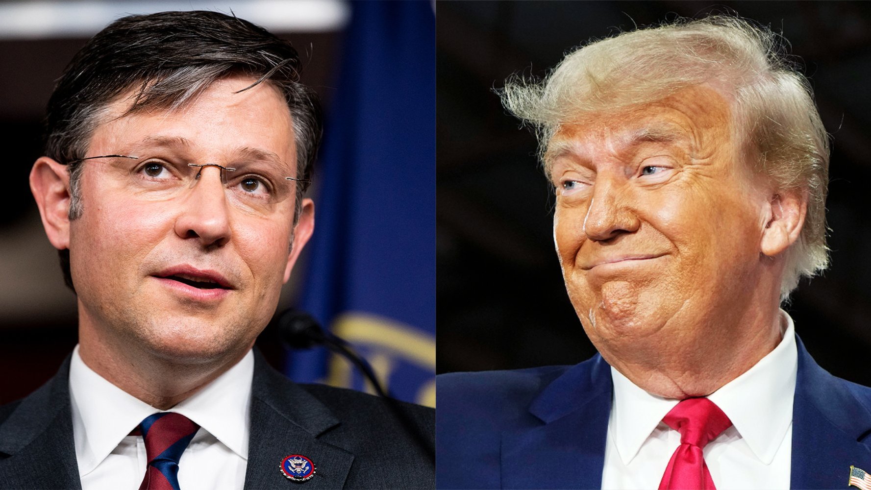 Split photo of Speaker Mike Johnson and former President Trump