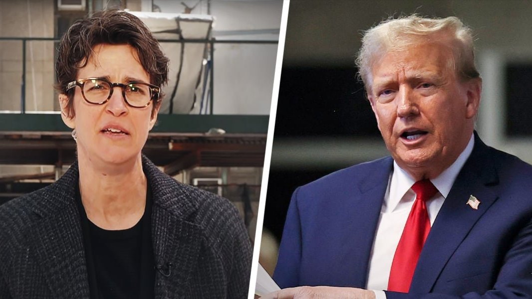 A photo montage of Rachel Maddow and Donald Trump