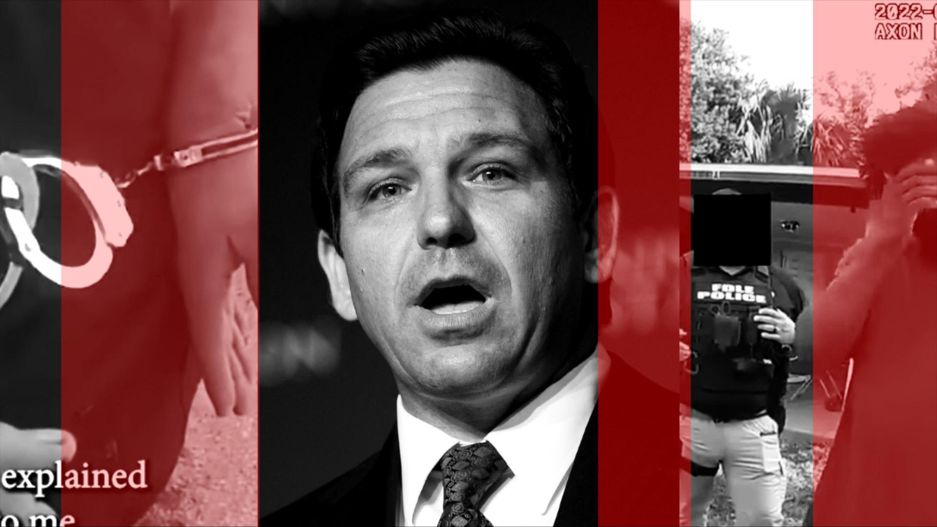 A graphic of Ron DeSantis and footage from police body cam