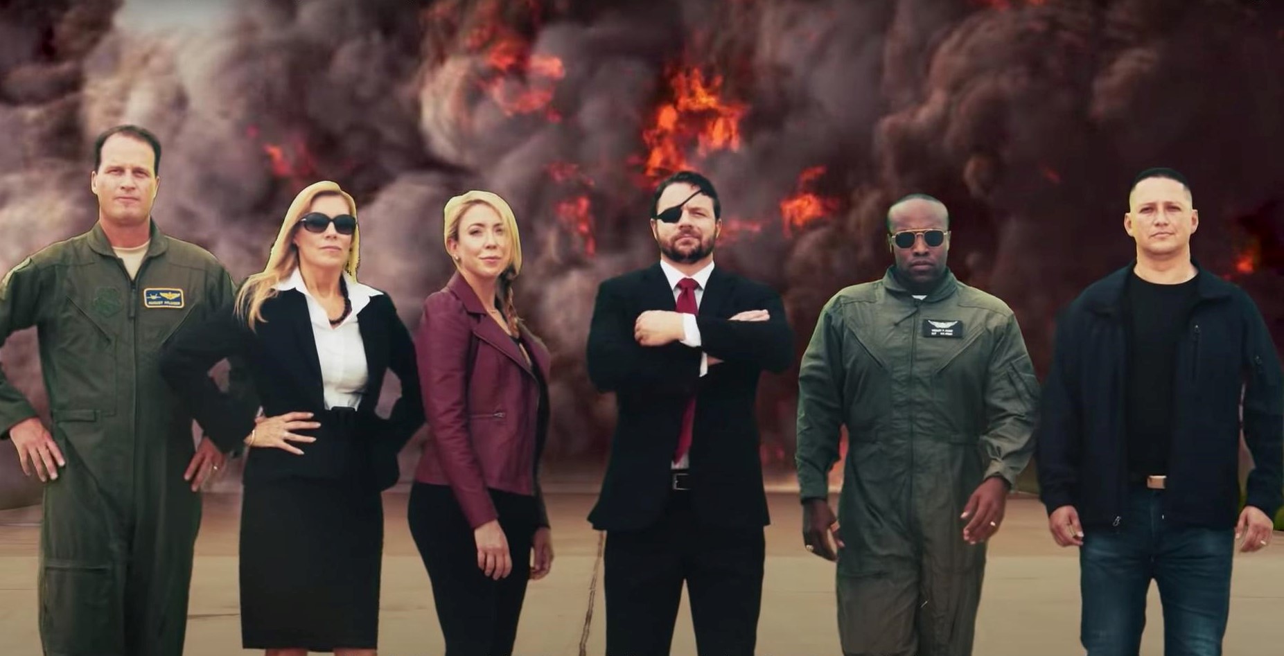 This grab taken from a nearly 4-minute video clip, Rep. Dan Crenshaw, a retired Navy SEAL, plays the role of an action hero as he literally jumps out of an airplane on the way to recruit other Texas Republicans to run for Congress. Congressional candidates Wesley Hunt, August Pfluger, Beth Van Dyne, Tony Gonzales and Genevieve Collins also play roles in the ad