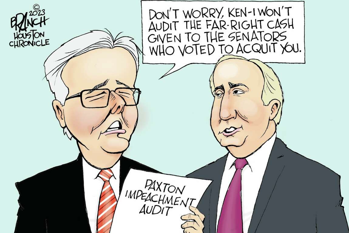 A cartoon depicting Dan Patrick speaking to Ken Paxton, saying, ''Don't worry, Ken - I won't audit the far-right cash given to the senators who voted to acquit you.,'' while holding a piece of paper that says ''Paxton impeachment audit.''
