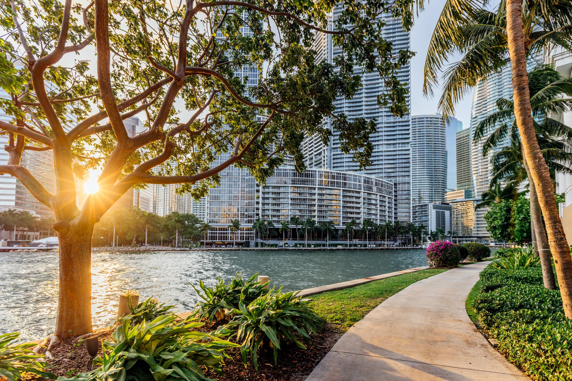 Residential apartment buildings at Brickell Key island in Miami ...