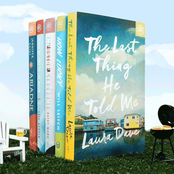A gif of five upright books layering one after another (''Ariadne'', ''Things We Lost to the Fire'', ''Imposter Syndrome'', ''How Lucky'', ''The Last Thing He Told Me'' by Laura Dave) is photoshopped in the middle of an outdoor scene on grass, between an Adirondack chair with drink on its arm and an open barbecue grill. Blue sky in the background.