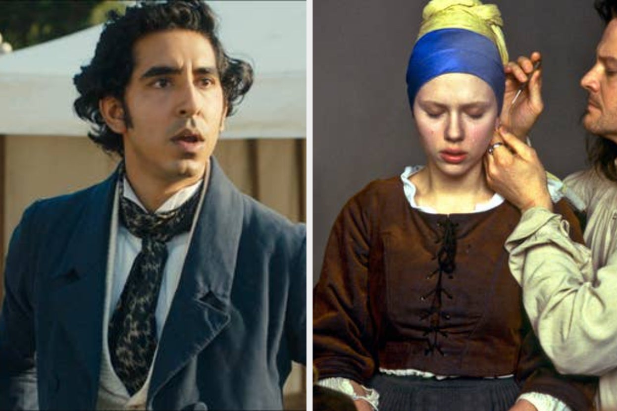 dev patel in old fashioned clothing looks concerned; scarlett johanson gets makeup applied as the girl in the pearl earring