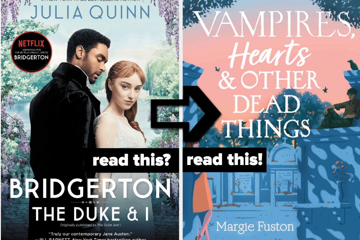 the tv version cover of ''bridgerton'' with text ''read this?'' / the cover of ''vampires, hearts, and other dead things'' with text ''read this!''