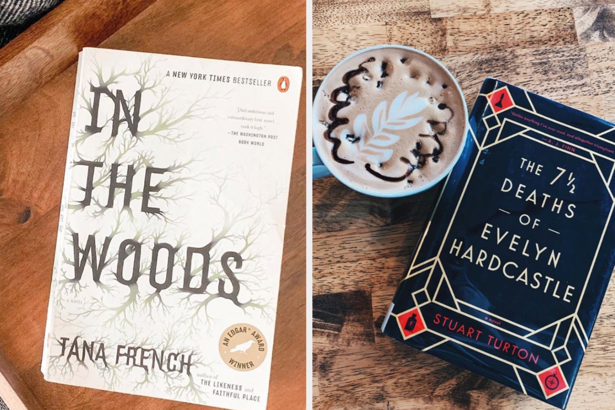 book cover for ''in the woods'' against a wooden table; book cover for ''the 7 1/2 deaths of evelyn hardcastle'' next to a warm coffee drink book cover for ''in the woods'' against a wooden table; book cover for ''the 7 1/2 deaths of evelyn hardcastle'' next to a warm coffee drink