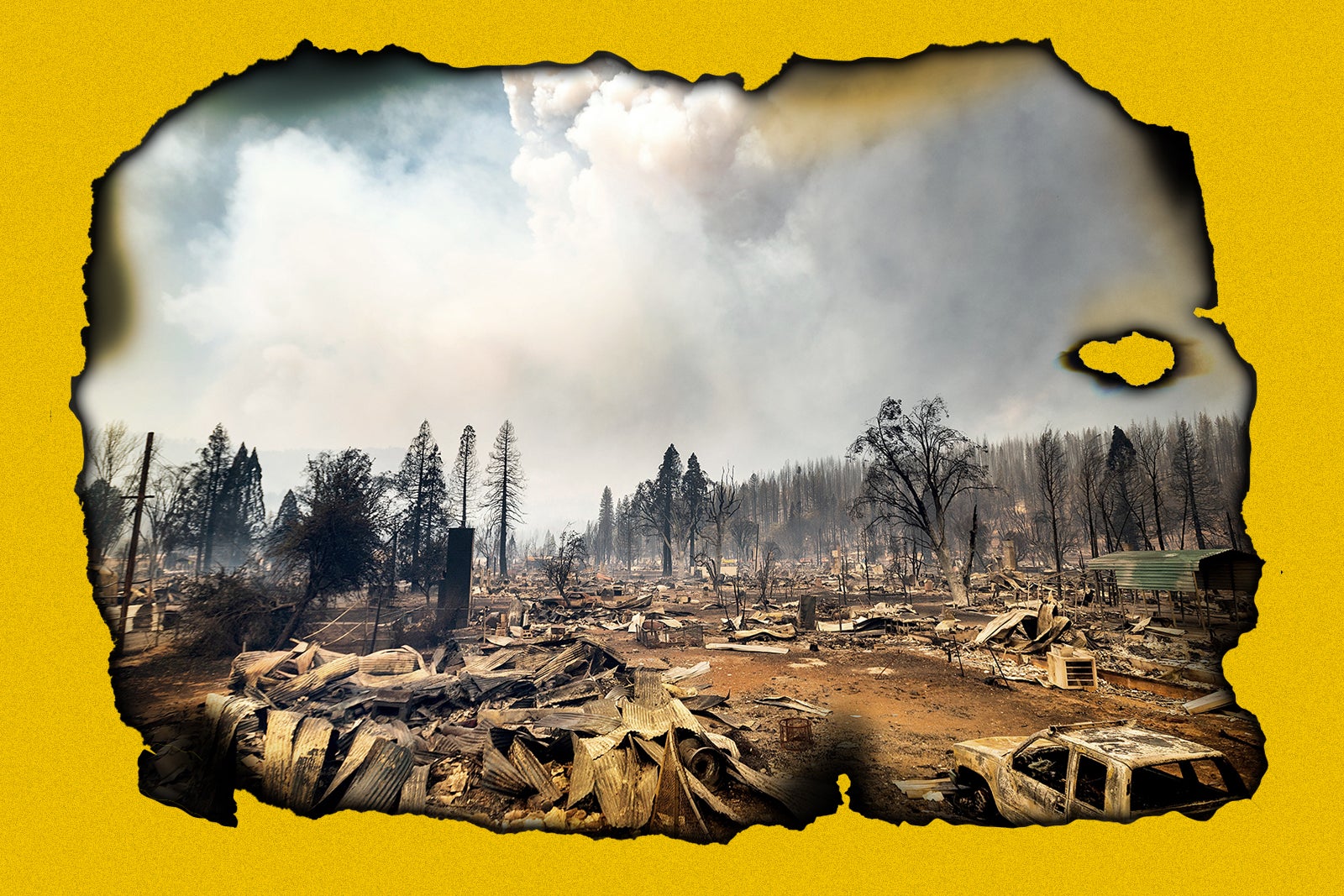 the remains of a smoky, burnt forest within a superimposed frame that looks like burnt edges of a page