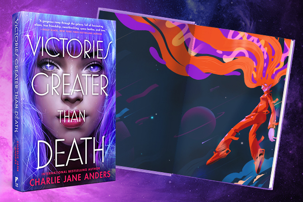 Book cover featuring close up of a woman's face with purple hair and eyes, text reads: Victories Greater Than Death, International Bestselling Author Charlie Jane Anders;'' next to open book revealing illustration of a red human figure with flame-like hair floating in space Book cover featuring close up of a woman's face with purple hair and eyes, text reads: Victories Greater Than Death, International Bestselling Author Charlie Jane Anders;'' next to open book revealing illustration of a red human figure with flame-like hair floating in space