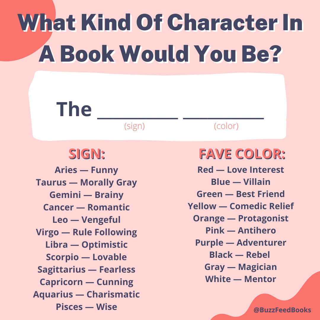 a colorful graphic that lets you pair your zodiac and favorite color to find out what kind of book character you would be