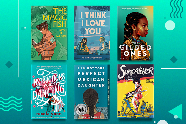 Two rows of three book covers against a colorful graphic background