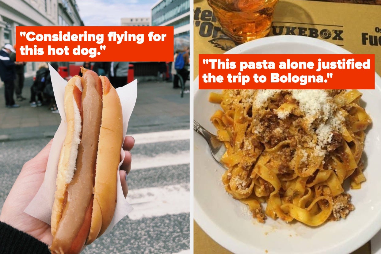 a hand holds a hot dog with text from the article; a bowl of pasta with text from the article