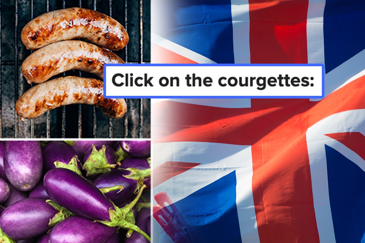 sausages on a grill; raw eggplant; a british flag with text ''click on the courgettes''