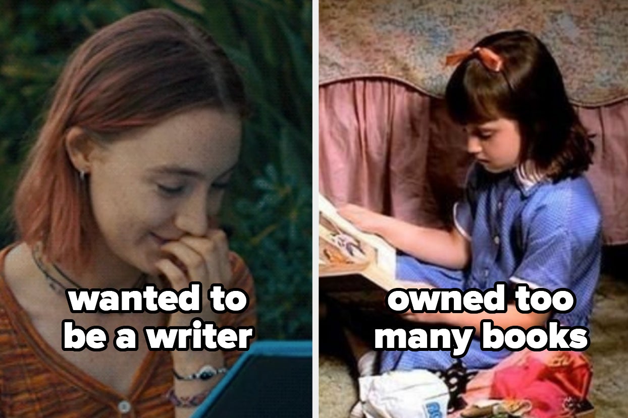 ladybird smiles into her hand while reading a book with text ''wanted to be a writer;'' matilda scrutinizes a book with text ''owned too many books'' ladybird smiles into her hand while reading a book with text ''wanted to be a writer;'' matilda scrutinizes a book with text ''owned too many books''
