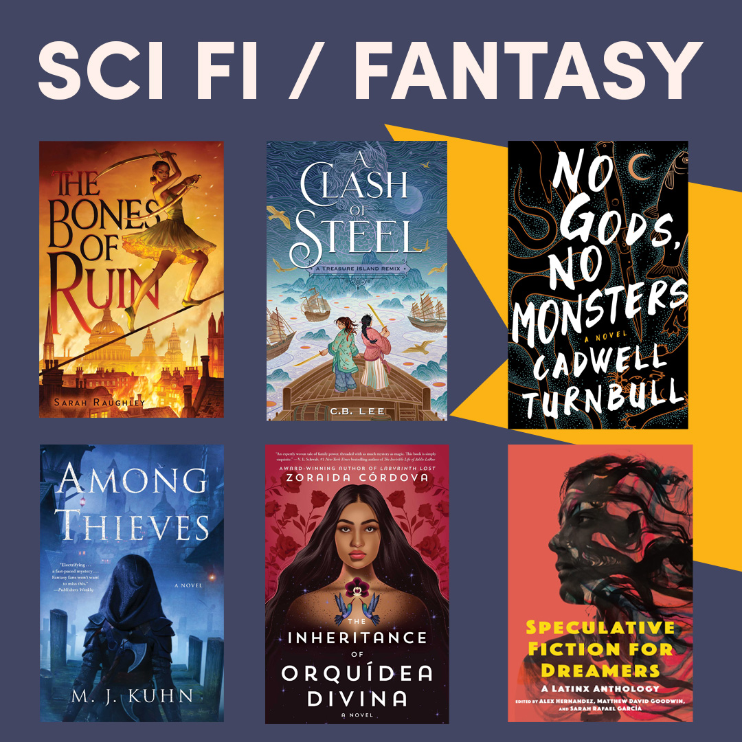 Illustrated graphic with two book covers, text reads ''Sci-fi & Fantasy'' Illustrated graphic with two book covers, text reads ''Sci-fi & Fantasy''