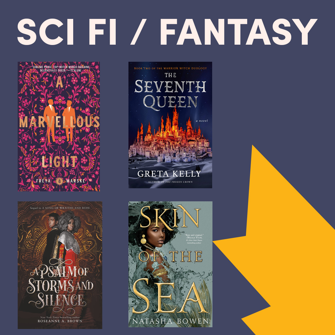 Illustrated graphic with two book covers, text reads ''Sci-fi & Fantasy'' Illustrated graphic with two book covers, text reads ''Sci-fi & Fantasy''