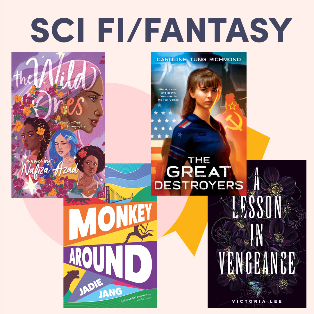 Illustrated graphic with book covers, text reads ''Sci-fi & Fantasy''
