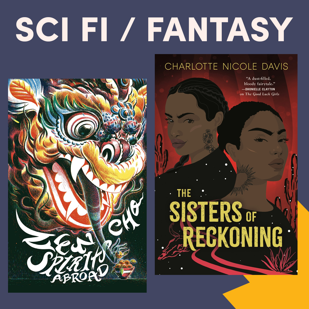 Illustrated graphic with two book covers, text reads ''Sci-fi & Fantasy''