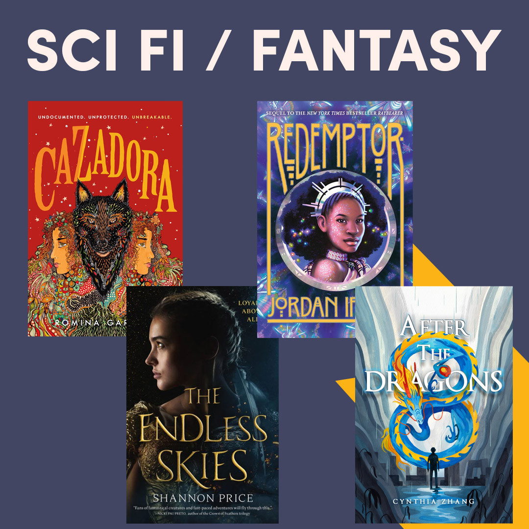 Illustrated graphic with two book covers, text reads ''Sci-fi & Fantasy''