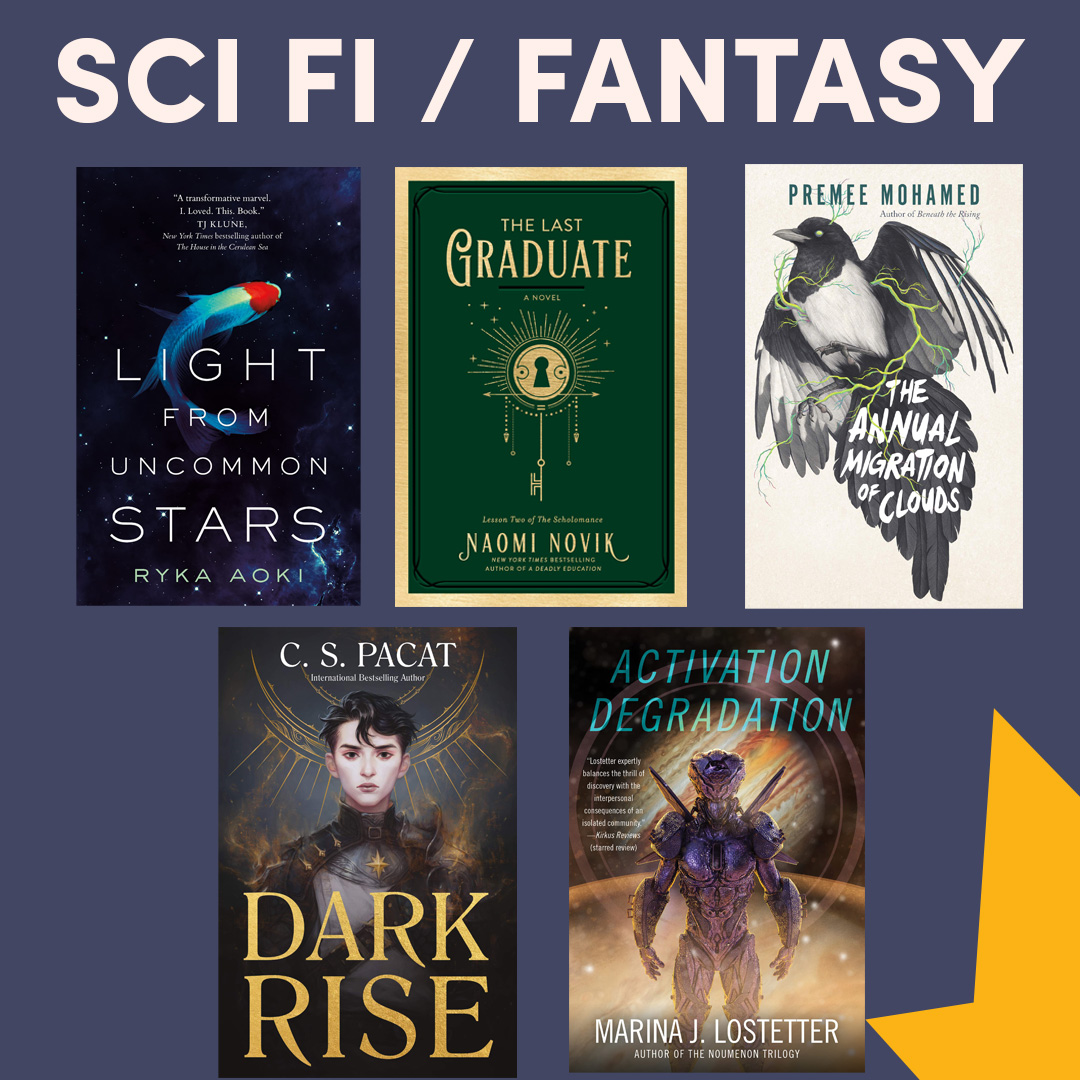 Illustrated graphic with two book covers, text reads ''Sci-fi & Fantasy'' Illustrated graphic with two book covers, text reads ''Sci-fi & Fantasy''