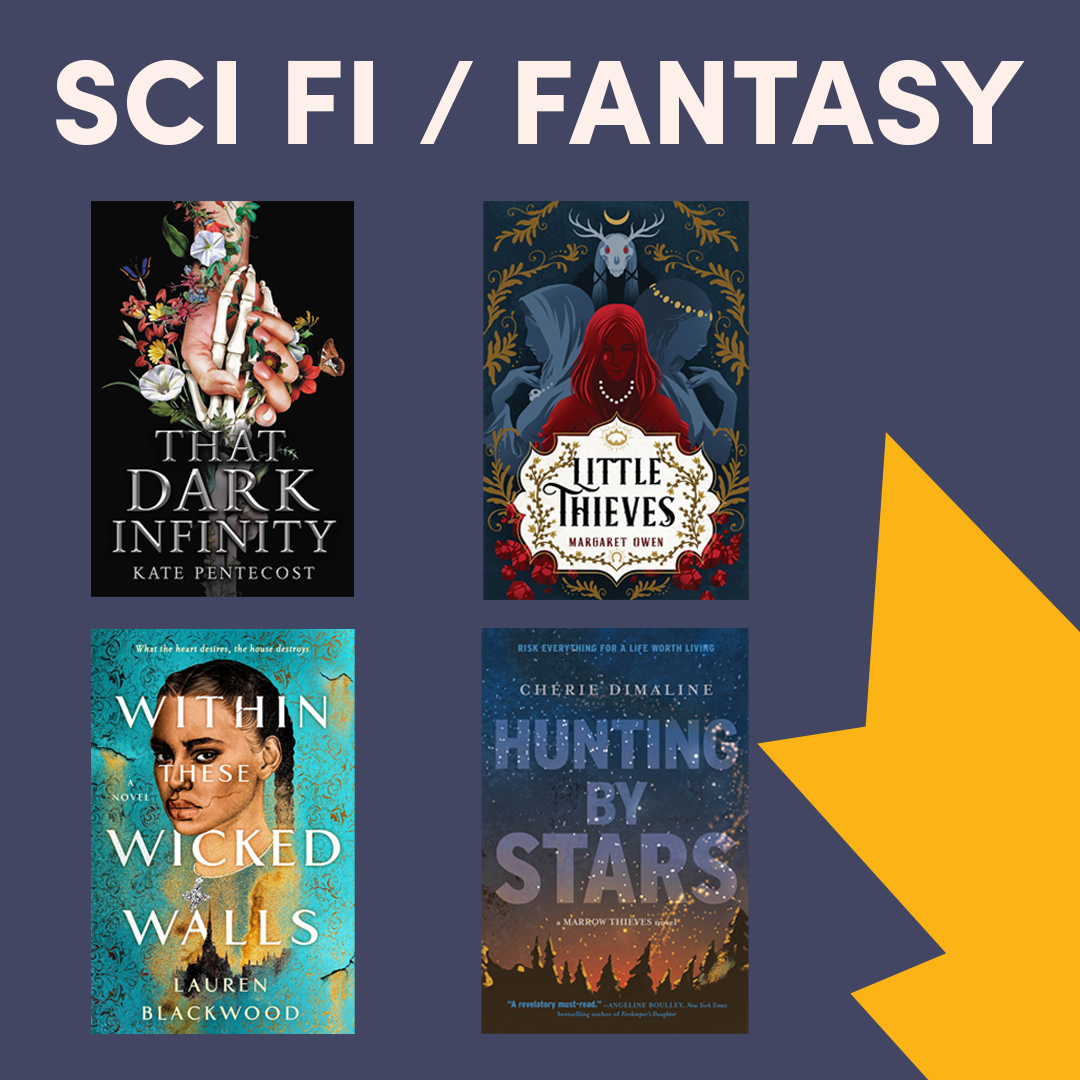 Illustrated graphic with two book covers, text reads ''Sci-fi & Fantasy'' Illustrated graphic with two book covers, text reads ''Sci-fi & Fantasy''