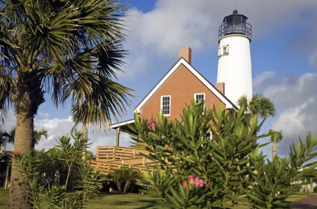 a lighthouse next to a house is partially covered by tropical-looking plants a lighthouse next to a house is partially covered by tropical-looking plants