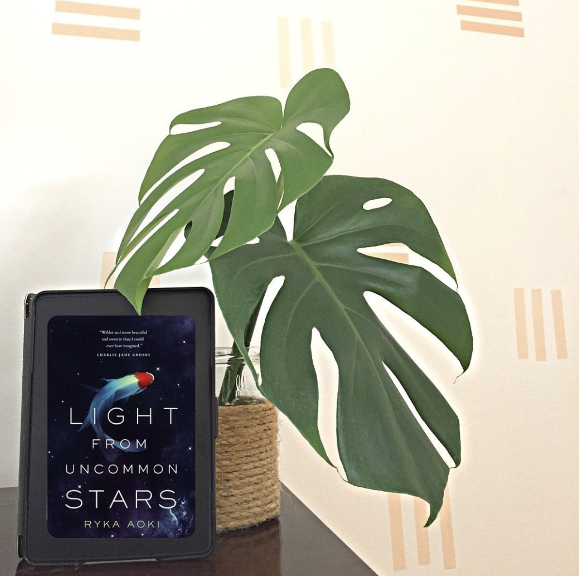 a kindle stands upright against a large leafed plant in a vase, its screen is the cover of ''light from uncommon stars'' a kindle stands upright against a large leafed plant in a vase, its screen is the cover of ''light from uncommon stars''