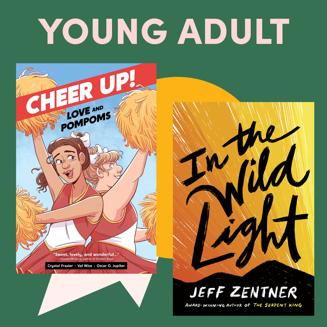 Illustrated graphic with two book covers and text ''young adult''