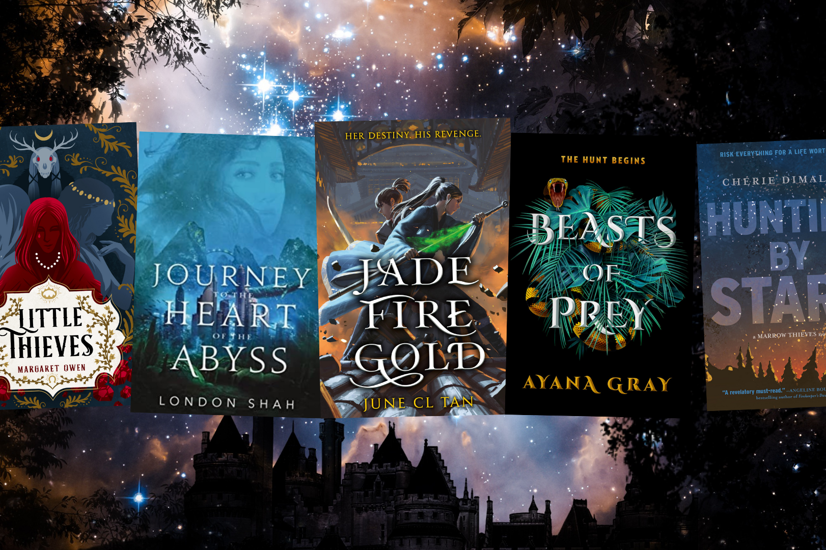 a row of book covers superimposed against an enhanced starry night sky with a shadowy castle at the bottom a row of book covers superimposed against an enhanced starry night sky with a shadowy castle at the bottom