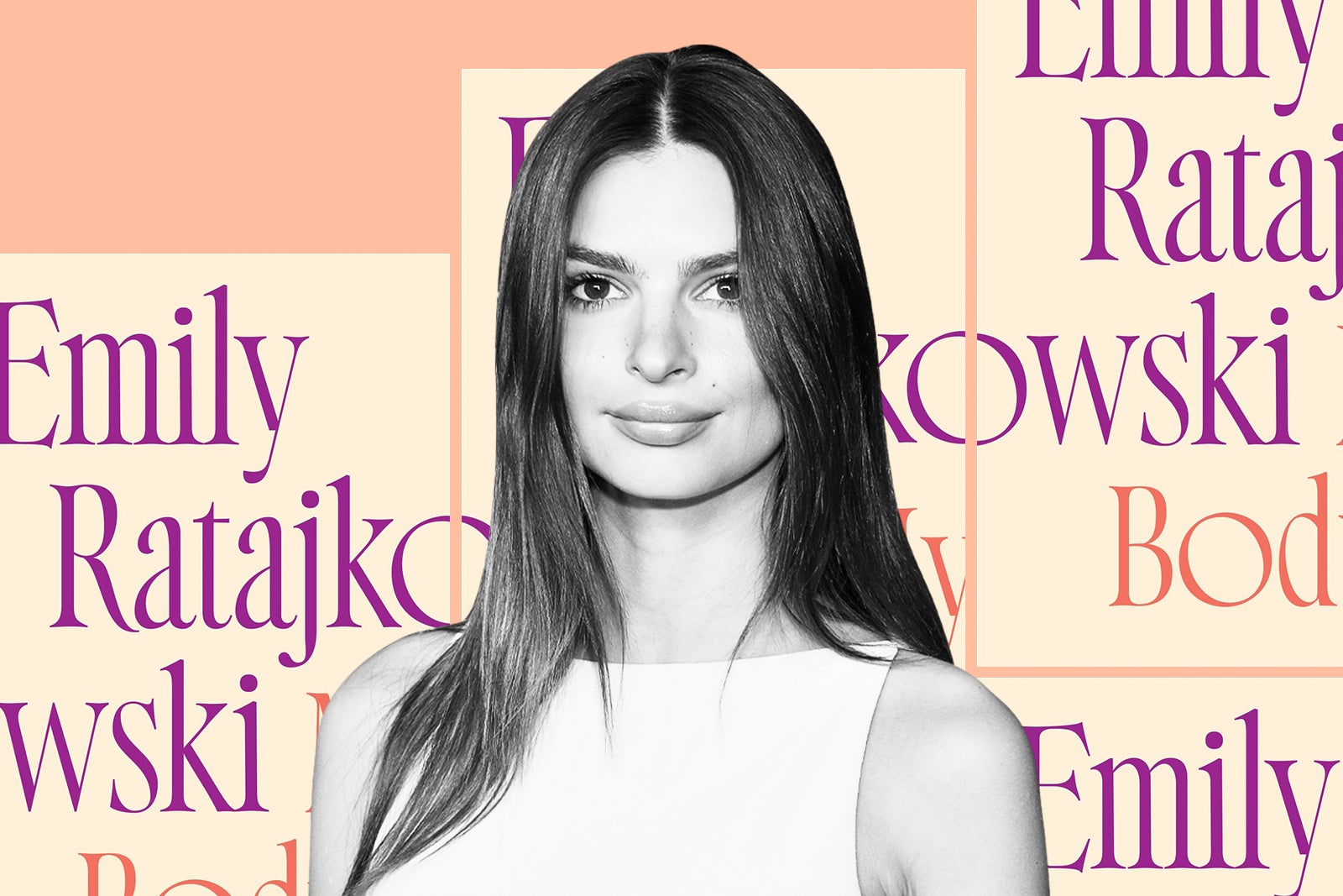 a black and white image of Ratajkowski smiling against illustrated covers of her book a black and white image of Ratajkowski smiling against illustrated covers of her book