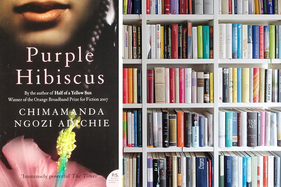 left: cover of ''purple hibiscus;'' right: books line white bookshelves left: cover of ''purple hibiscus;'' right: books line white bookshelves