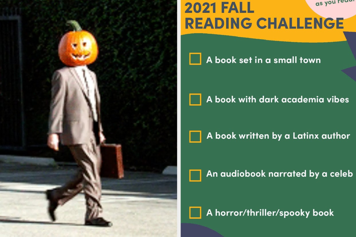 left: dwight from the office wearing a suit and a large pumpkin on his head; right: a screenshot of the fall reading challenge left: dwight from the office wearing a suit and a large pumpkin on his head; right: a screenshot of the fall reading challenge