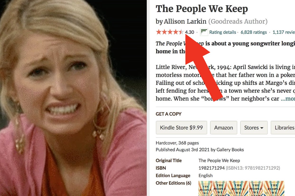 left: a woman visibly cringes and bares her teeth; right: a screenshot from goodreads left: a woman visibly cringes and bares her teeth; right: a screenshot from goodreads