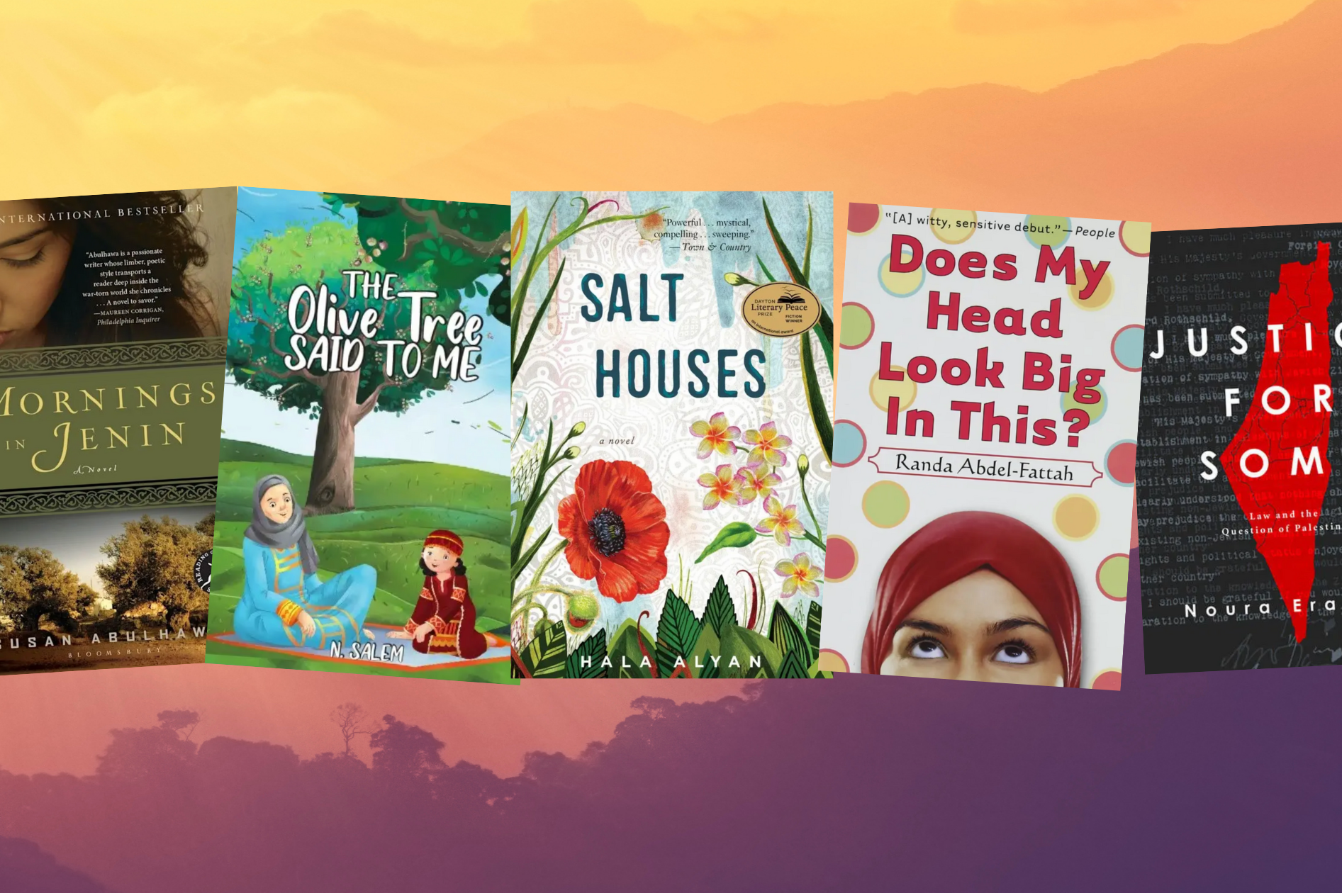 five book covers float against a colorful gradient background