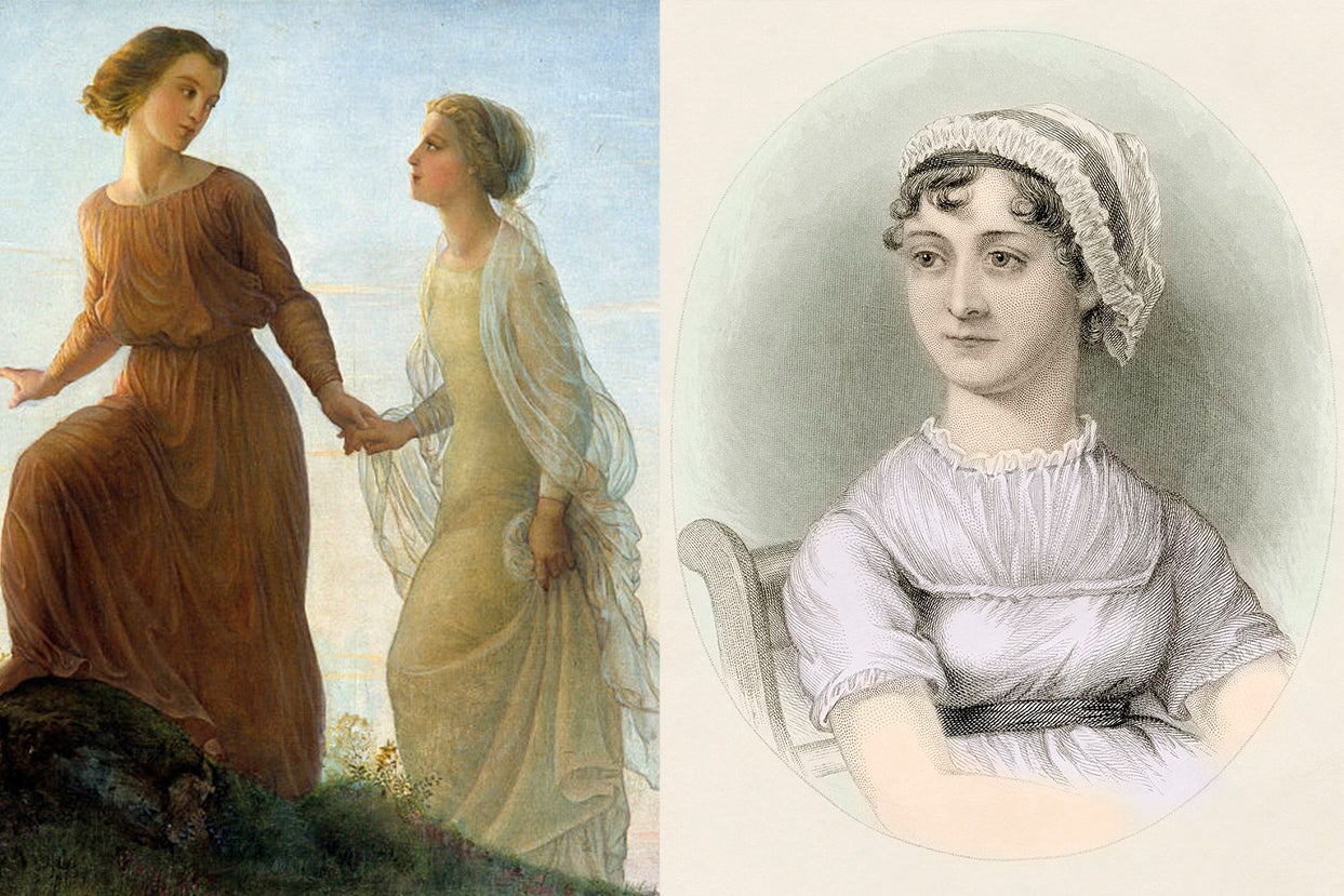 side-by-side old-fashioned illustrations of women in dresses side-by-side old-fashioned illustrations of women in dresses