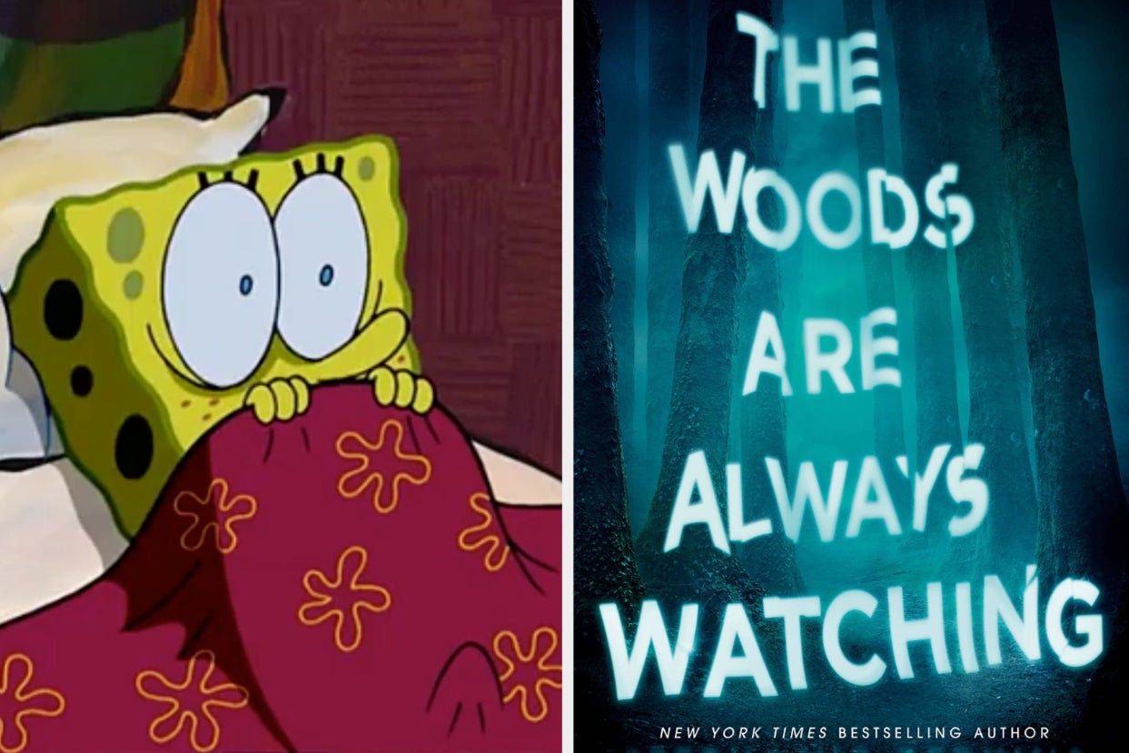 spongebob cowers under his blanket in fear; cover of the woods are always watching by stephanie perkins