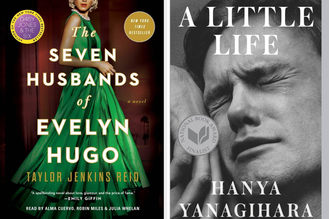 cover of seven husbands of evelyn hugo by taylor jenkins reid; cover of a little life by hanya yanagihara