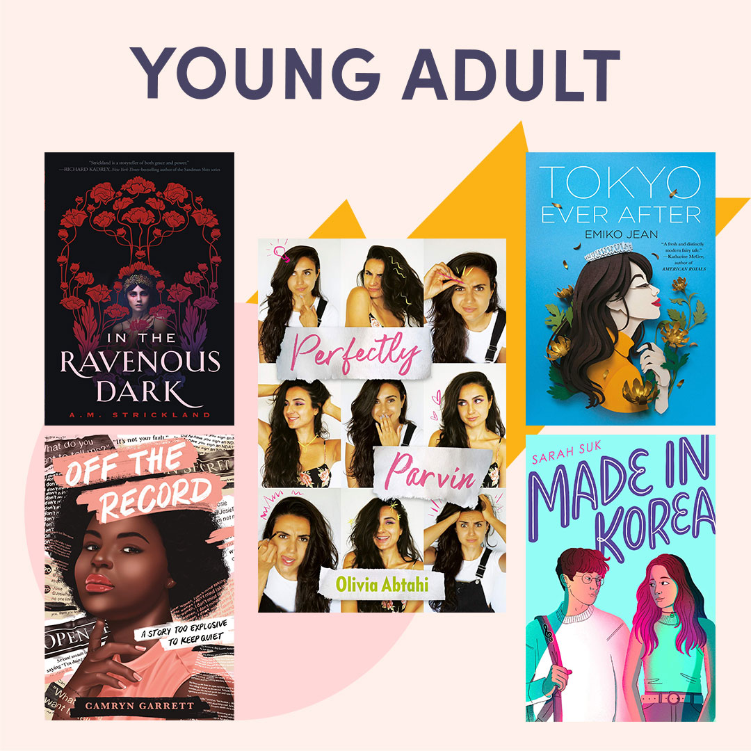 Illustrated graphic with book covers, text reads ''Young Adult''