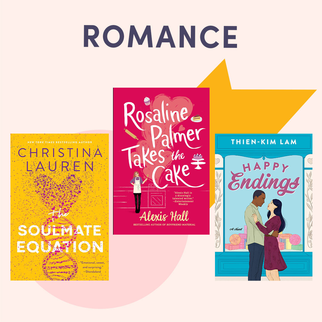 Illustrated graphic with book covers, text reads ''Romance''