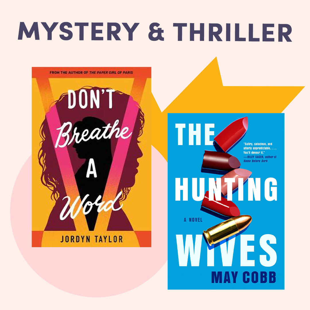 Illustrated graphic with book covers, text reads ''Mystery & Thriller''
