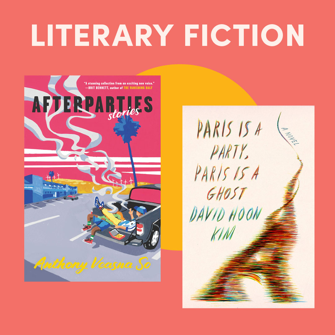 illustrated graphic with two book covers; text reads ''literary fiction''