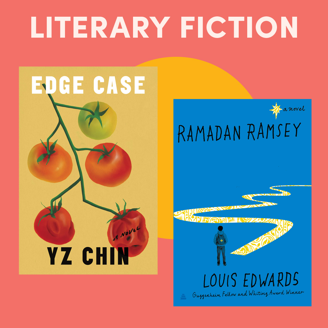 illustrated graphic with two book covers; text reads ''literary fiction''