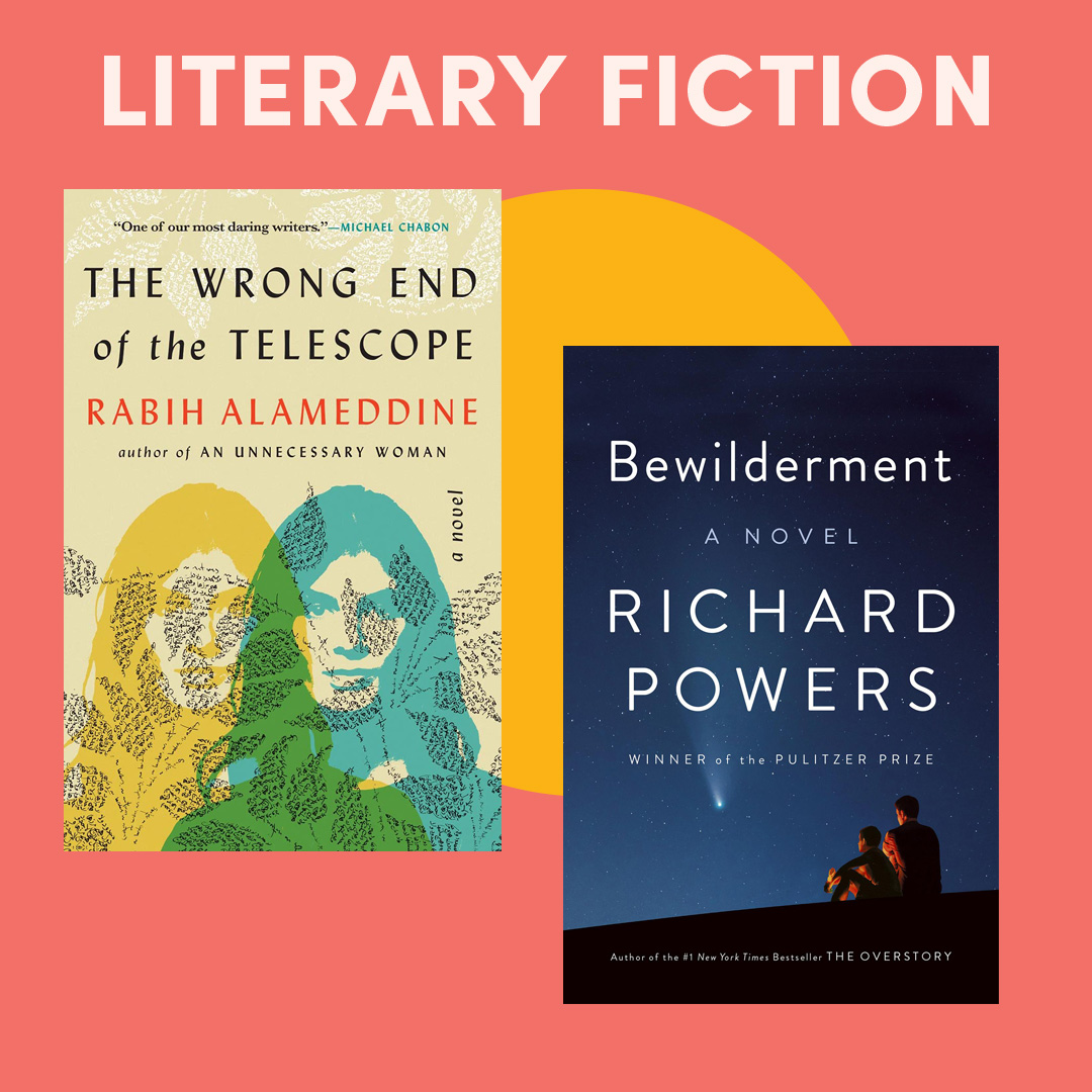 illustrated graphic with three book covers; text reads ''literary fiction'' illustrated graphic with three book covers; text reads ''literary fiction''