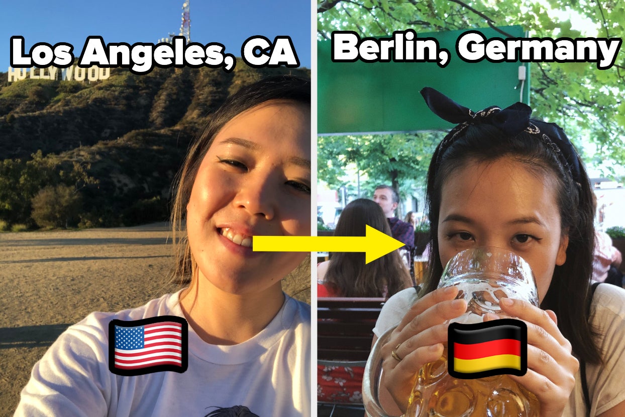 the author smiling for a selfie in front of the hollywood sign with text ''los angeles'' and the author drinking a large beer with text ''berlin'' the author smiling for a selfie in front of the hollywood sign with text ''los angeles'' and the author drinking a large beer with text ''berlin''