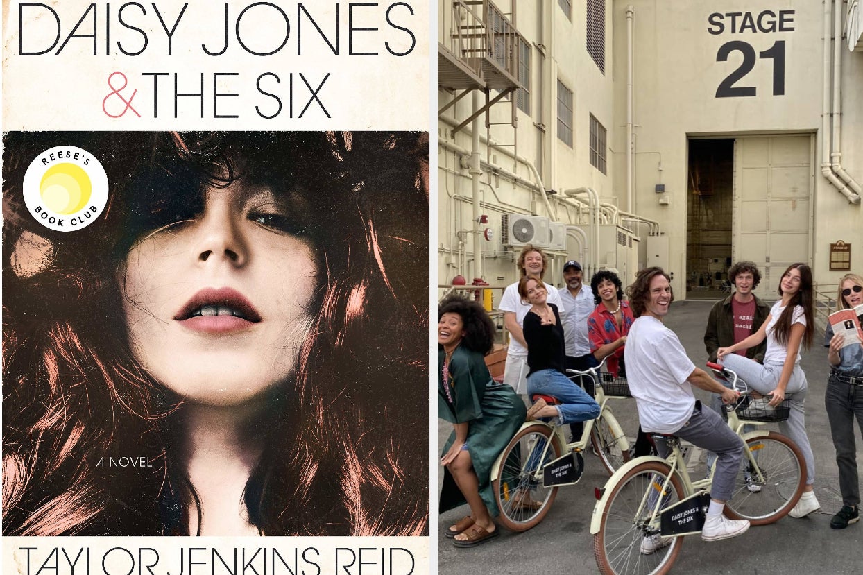 cover of ''daisy jones and the six;'' the cast sits on bikes in front of a stage, posing cover of ''daisy jones and the six;'' the cast sits on bikes in front of a stage, posing
