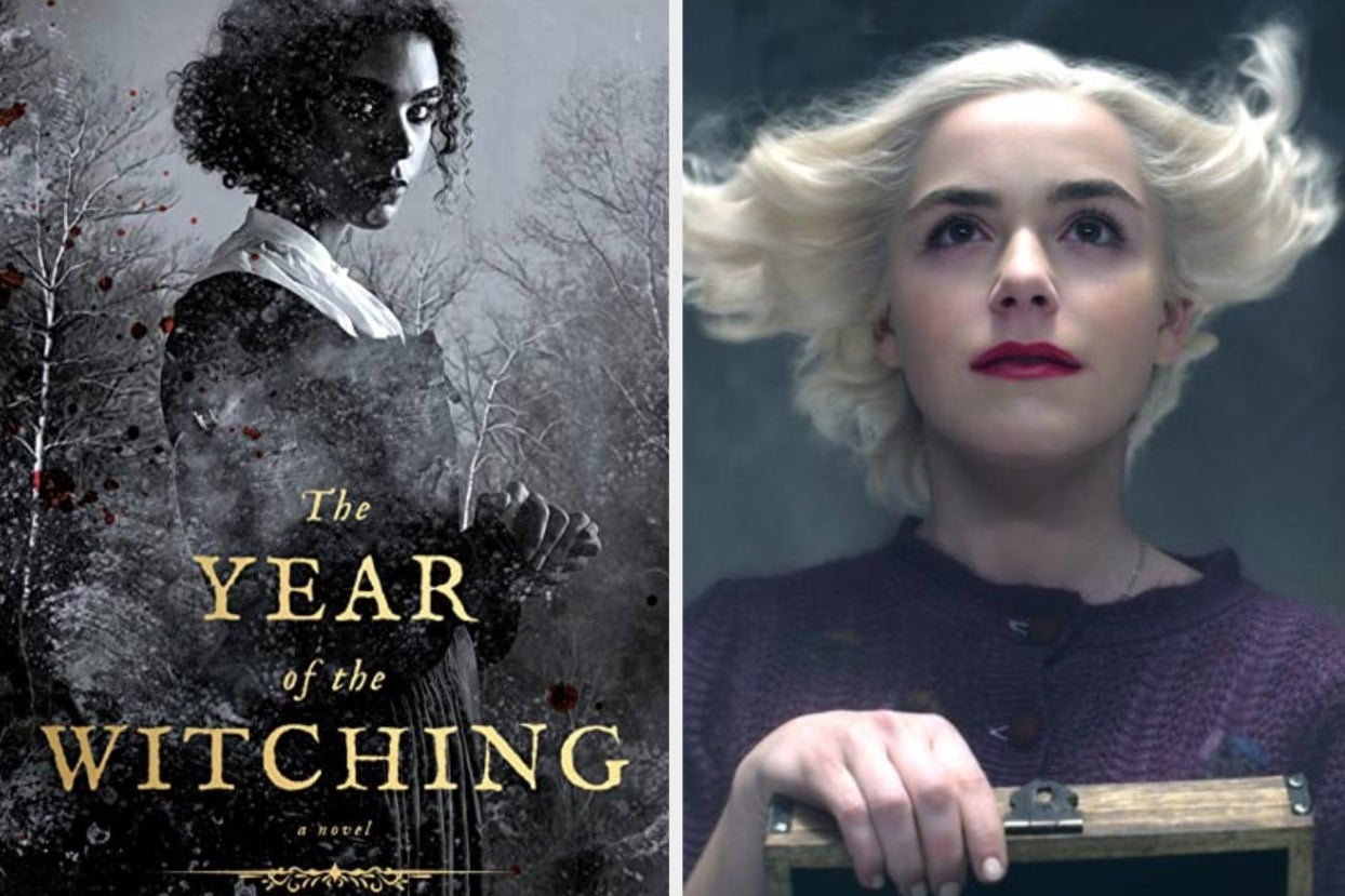 left: cover of ''the year of the witching;'' right: netflix's sabrina with her hair floating above her head