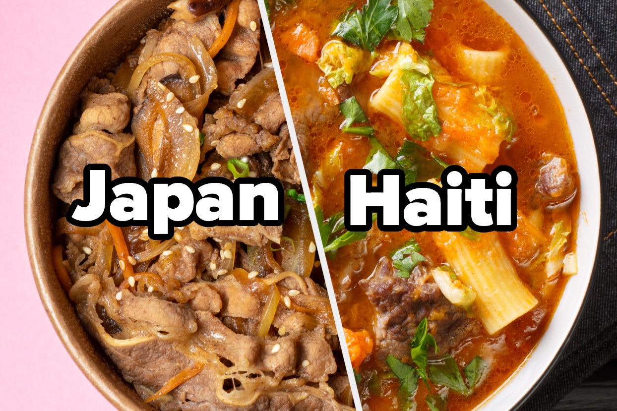 half a bowl of thin sliced beef with text ''japan'' next to half a bowl of a noodle soup with text ''haiti'' half a bowl of thin sliced beef with text ''japan'' next to half a bowl of a noodle soup with text ''haiti''